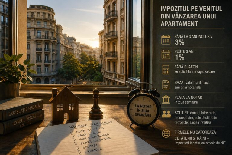 Calculul impozitului pe transferul proprietății, reținut de notar în ziua semnării