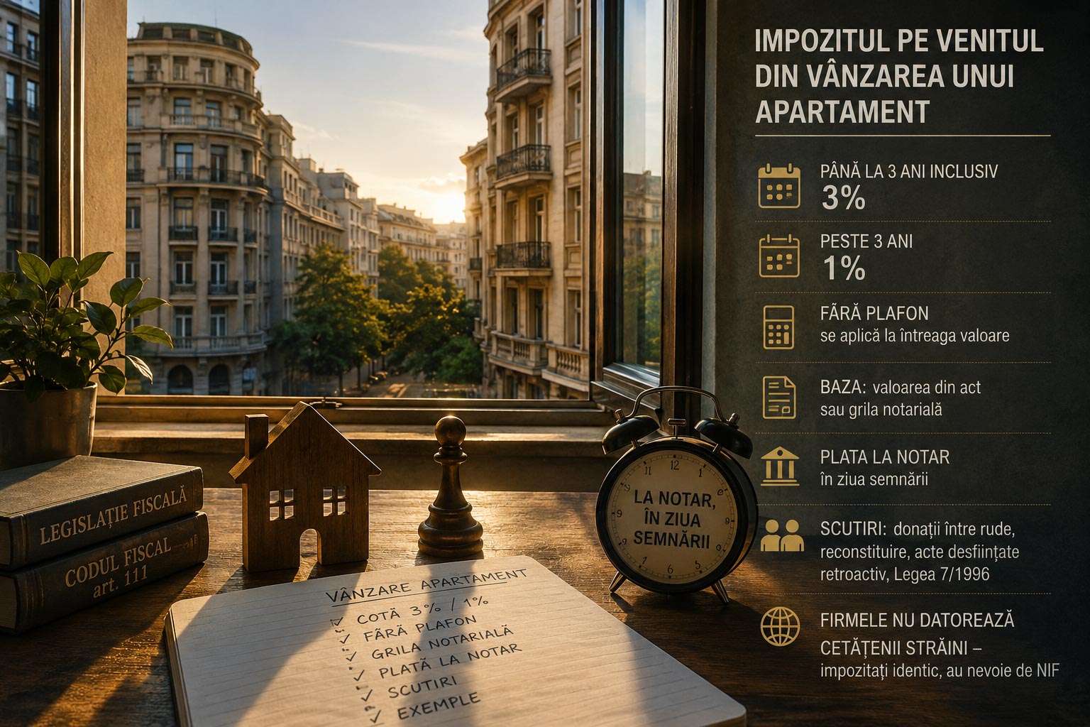 Calculul impozitului pe transferul proprietății, reținut de notar în ziua semnării