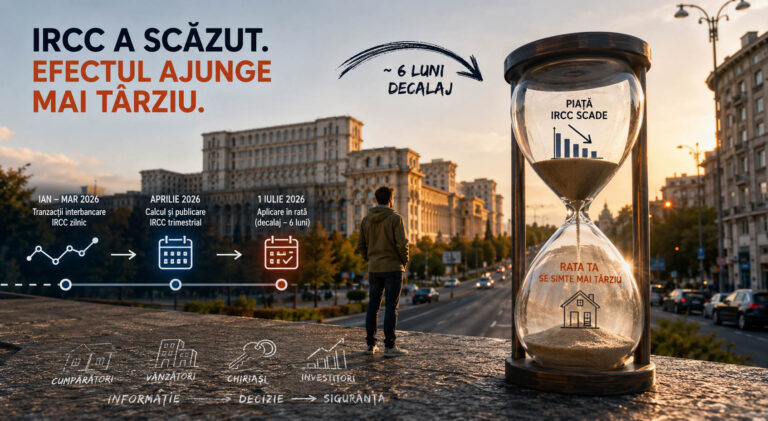 Ilustrație despre decalajul dintre scăderea indicelui IRCC și momentul în care rata ipotecară scade efectiv