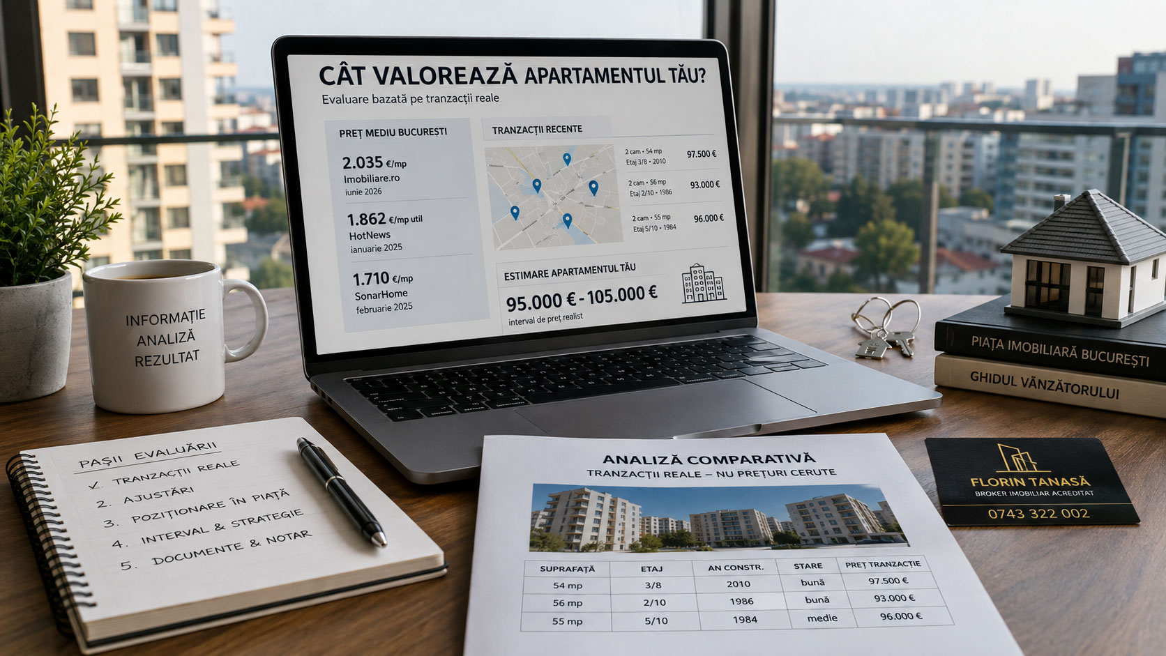 Ilustrație pentru evaluarea unui apartament din București, cu diferența dintre prețul cerut în anunț și prețul semnat la notar