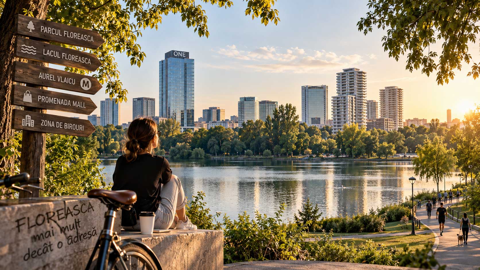 Alee cu bicicletă deasupra Lacului Floreasca la apus, cu turnurile de birouri din Sectorul 2 pe malul celălalt