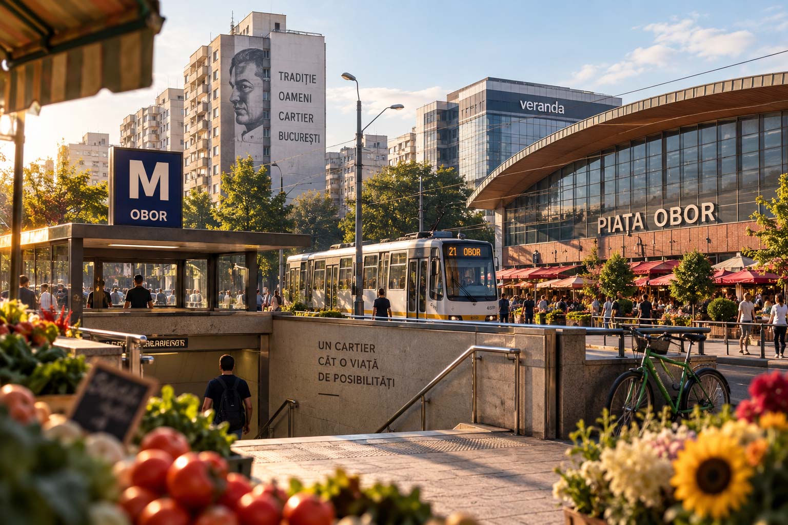 Intrarea în stația de metrou Obor, cu hala Piața Obor și un tramvai în fundal și tarabe cu flori în prim-plan