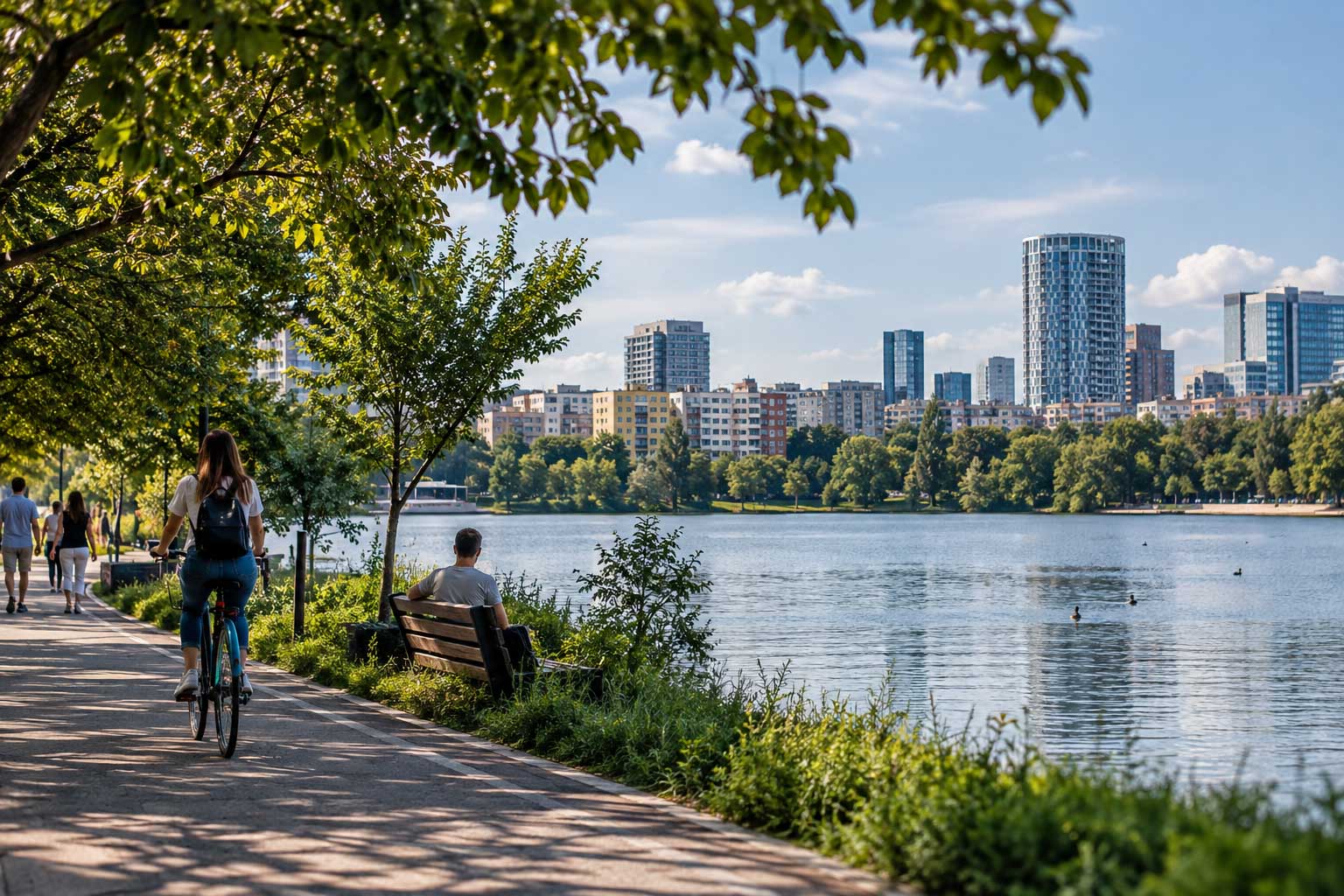 Alee pe malul lacului Tei, cu o biciclistă și o bancă la umbra copacilor și blocuri pe malul celălalt