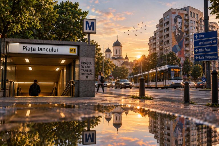 Intrarea în stația de metrou Piața Iancului după ploaie, cu turla bisericii și blocurile din jur oglindite în asfalt