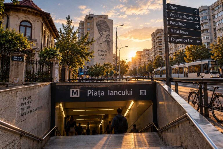 Intrarea în stația de metrou Piața Iancului la apus, cu blocuri, tramvai și indicatoare rutiere în jur