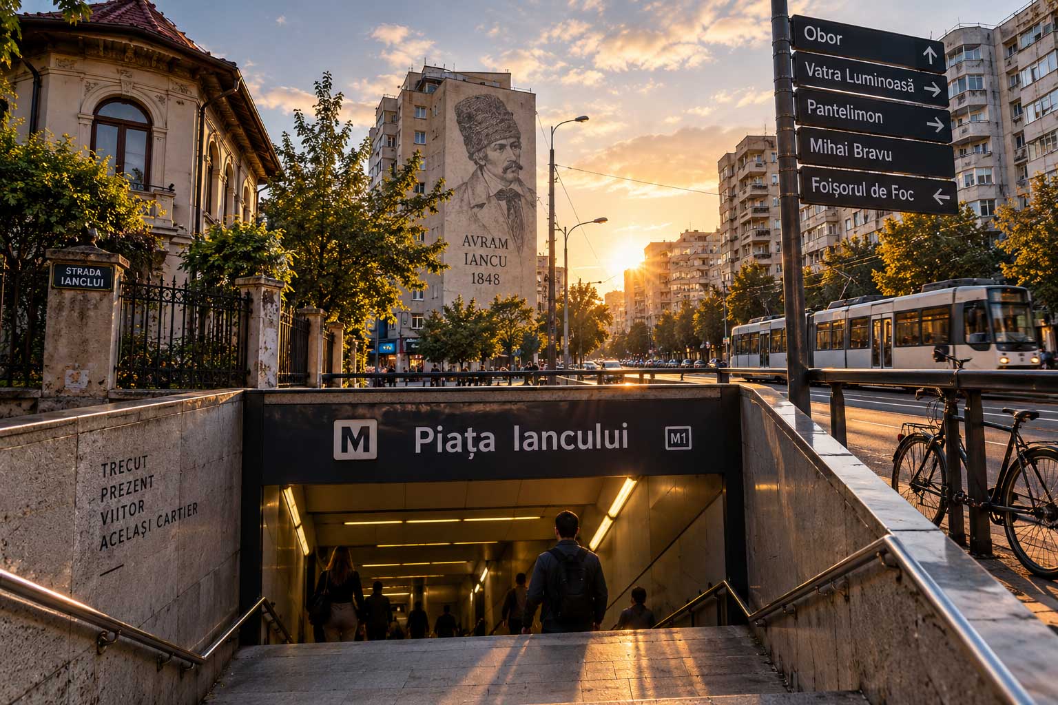 Intrarea în stația de metrou Piața Iancului la apus, cu blocuri, tramvai și indicatoare rutiere în jur