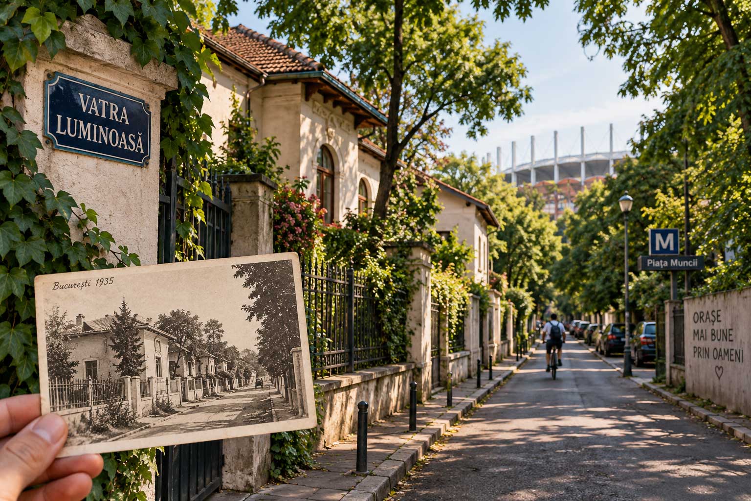 Fotografie de epocă ținută în mână pe o stradă din Vatra Luminoasă, în dreptul plăcuței cu numele cartierului