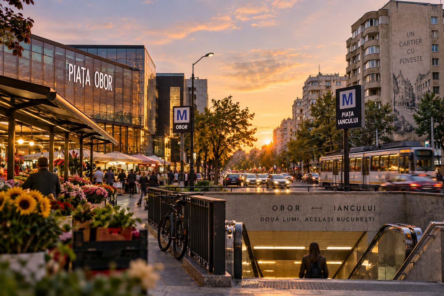 Hala Piața Obor la apus, cu tarabe de flori, intrarea în metrou și blocurile de pe bulevard în fundal
