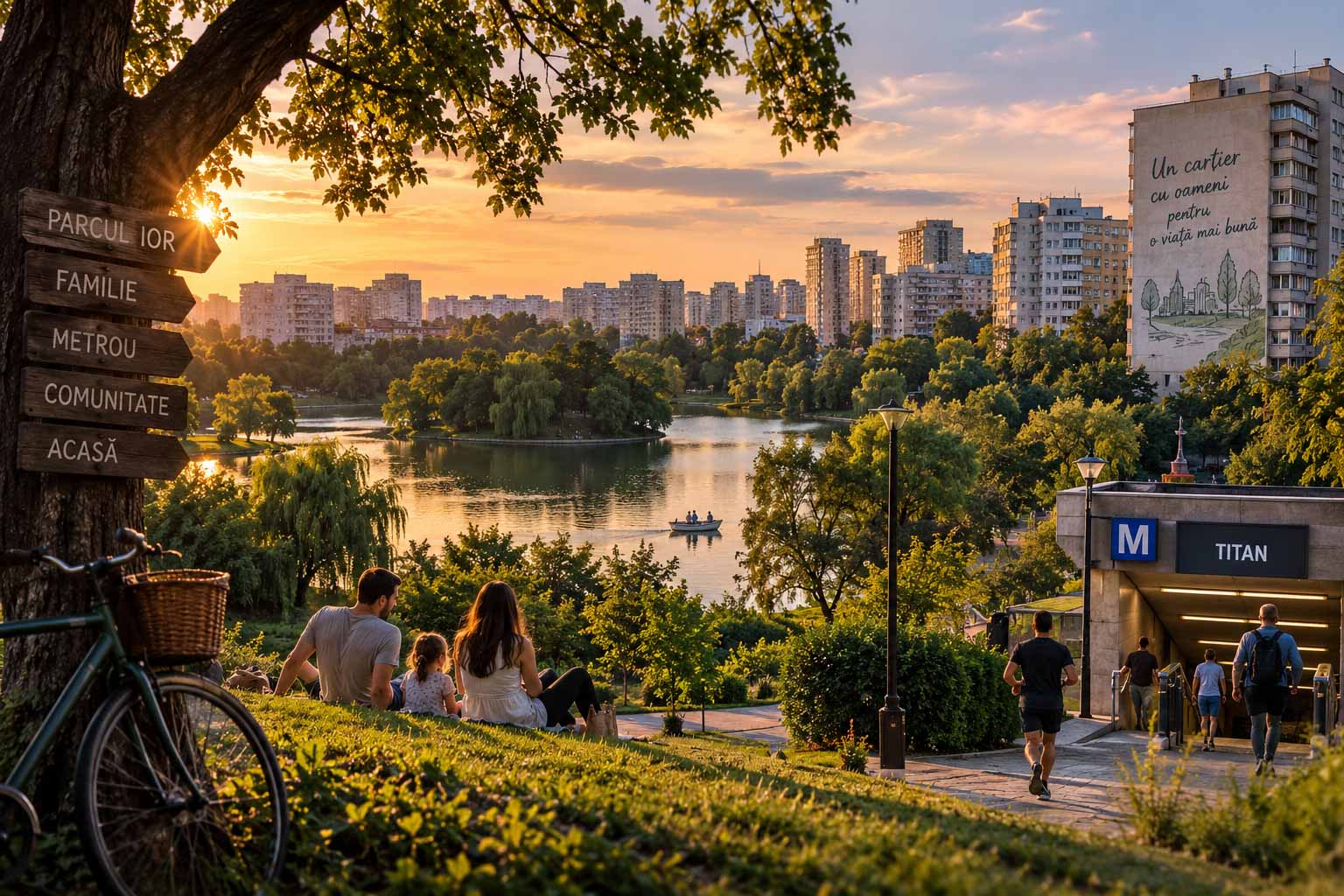 Malul lacului din Parcul Titan la apus, cu oameni pe iarbă, o bicicletă și intrarea în metrou lângă blocuri