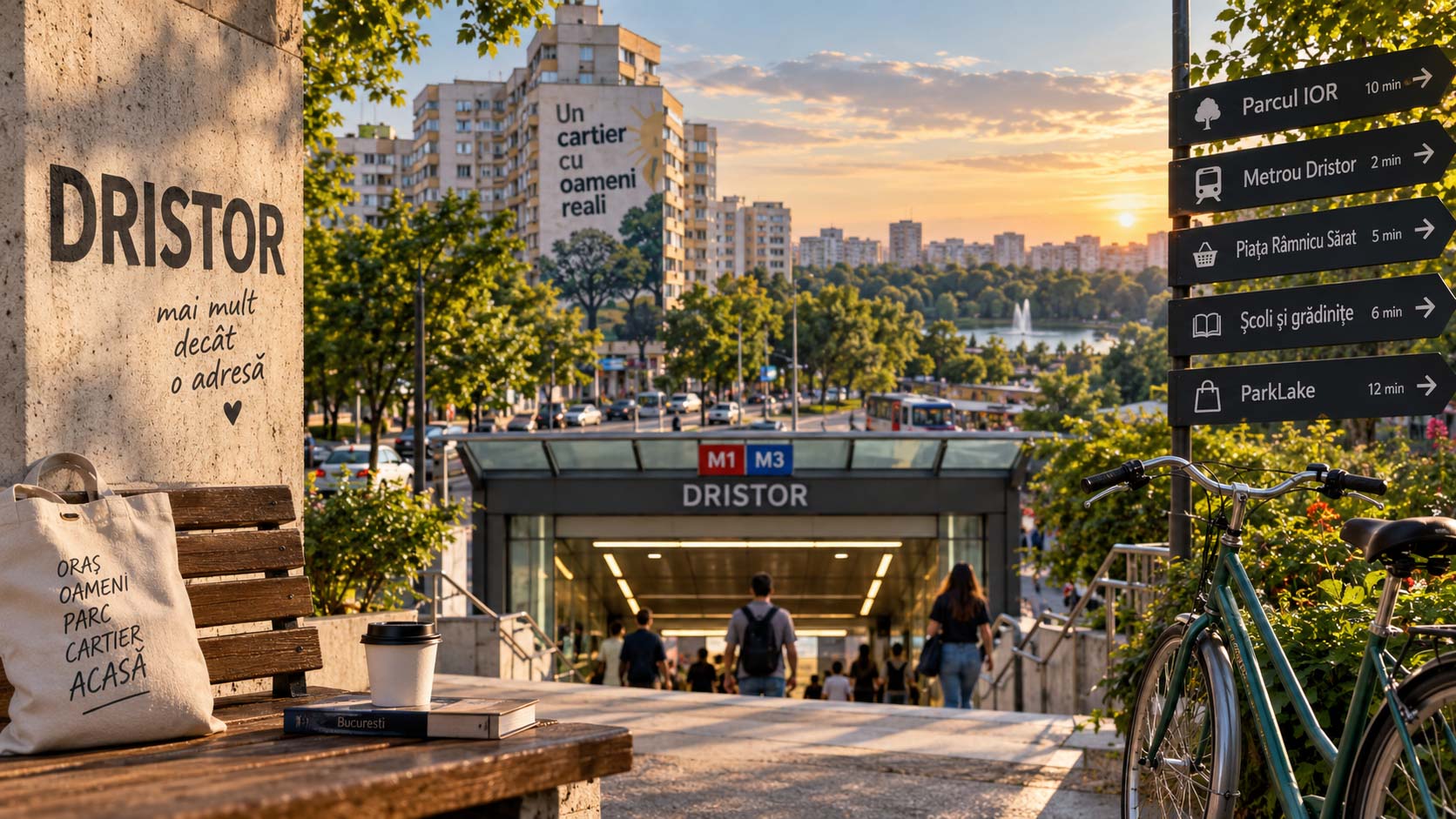 Intrarea în metroul Dristor la apus, cu terase, blocuri și panouri de informare în jurul stației