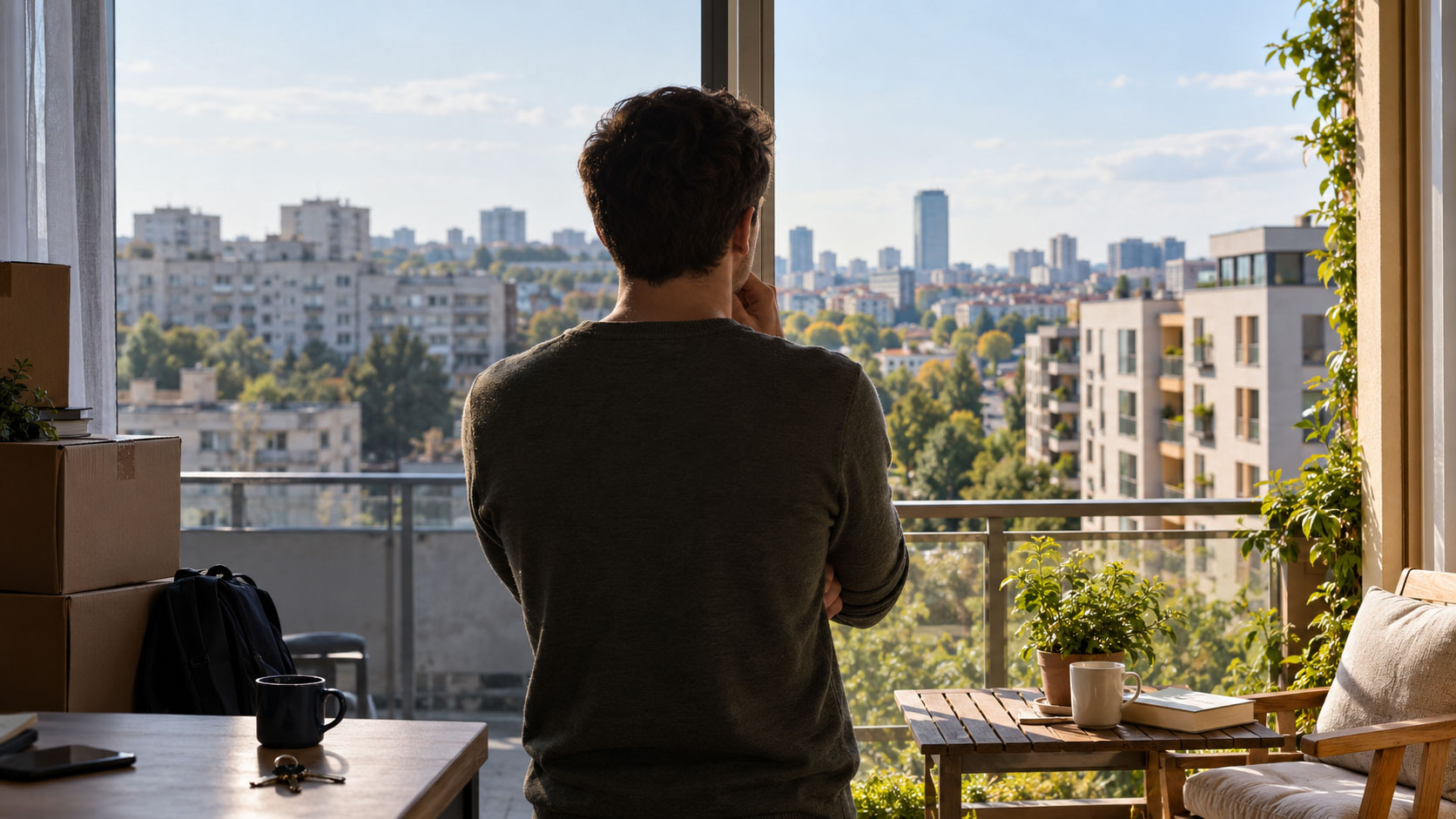 Bărbat la fereastra unui apartament închiriat, privind spre blocurile vechi și ansamblurile noi din București