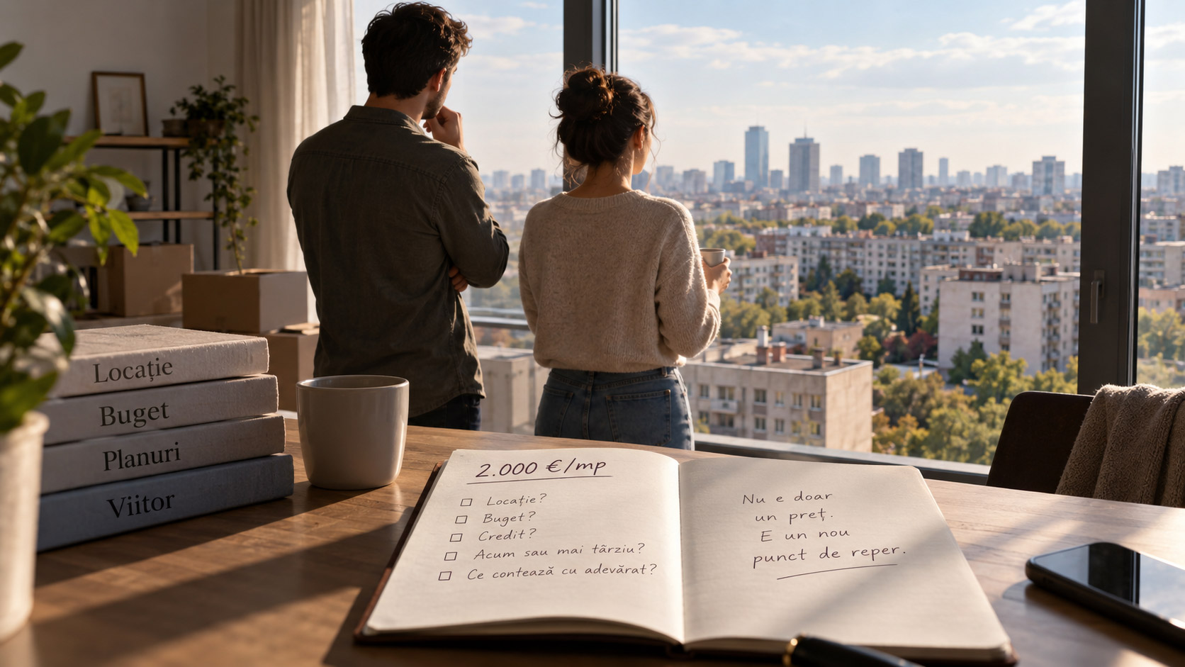 Cuplu la fereastra unui apartament cu vedere spre București, cu un registru de calcule deschis pe masă