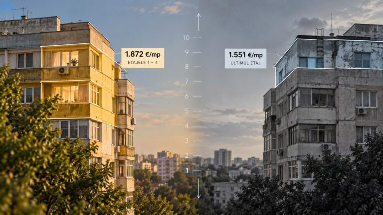 Două blocuri față în față la apus, cu o scară de etaje între ele și două etichete de preț: 1.872 €/mp la etajele 1 – 4 și 1.551 €/mp la ultimul etaj