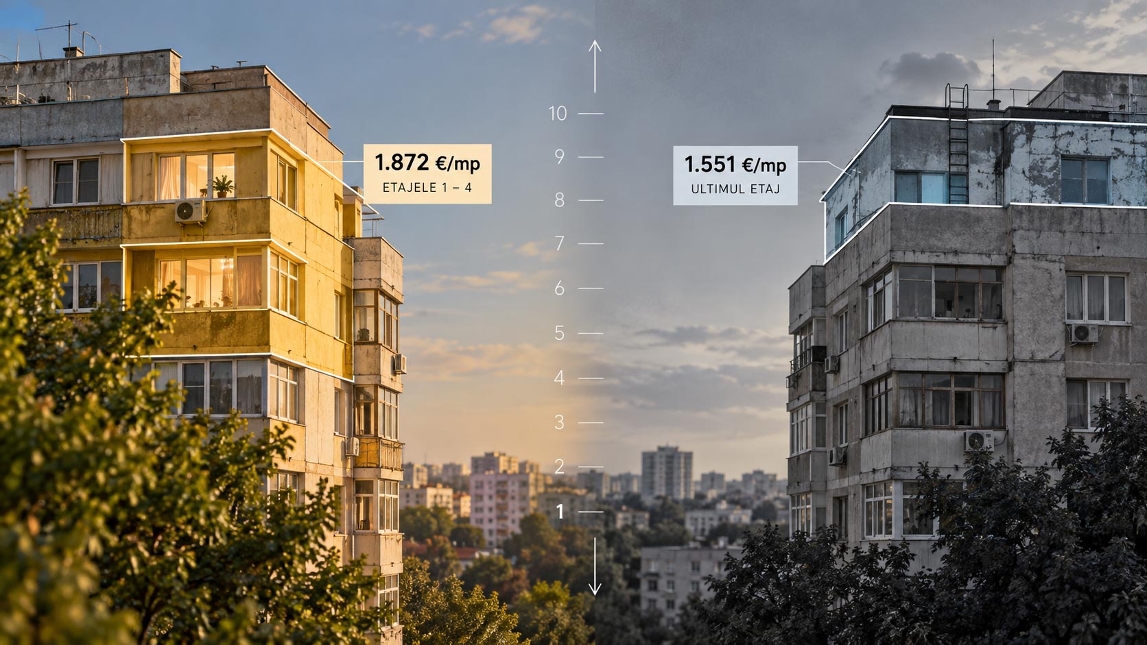 Două blocuri față în față la apus, cu o scară de etaje între ele și două etichete de preț: 1.872 €/mp la etajele 1 – 4 și 1.551 €/mp la ultimul etaj