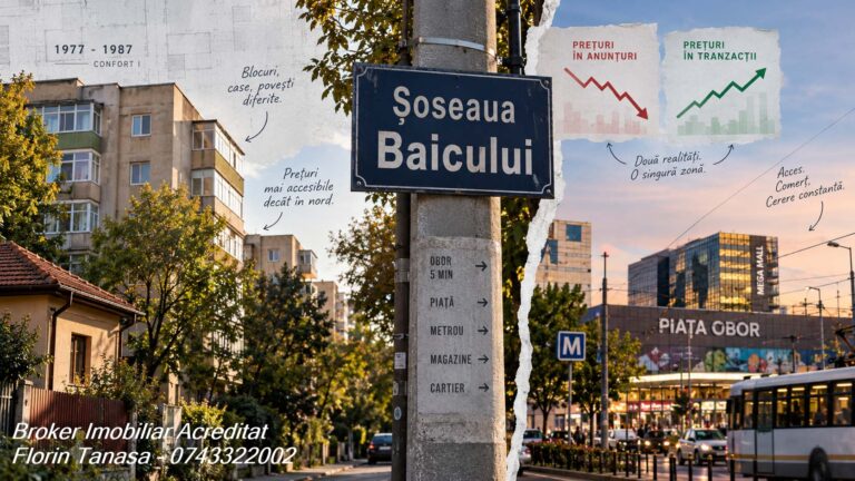 Placă de stradă cu Șoseaua Baicului, cu blocuri Confort I din 1977-1987 și case într-o parte și Piața Obor cu tramvai în cealaltă, plus două grafice alăturate: prețurile din anunțuri în scădere și prețurile din tranzacții în creștere