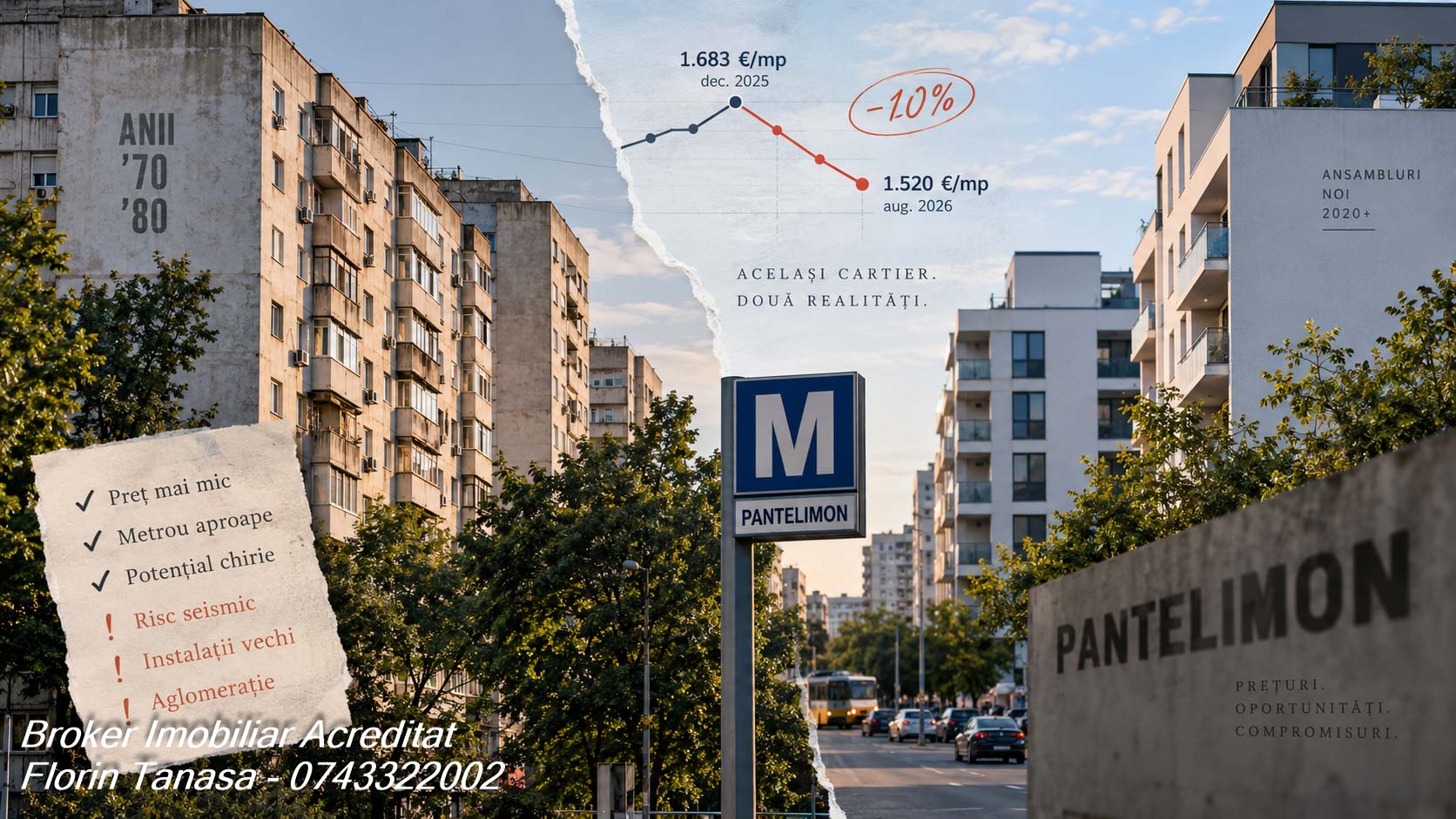 Cartierul Pantelimon împărțit în două: bloc de panouri din anii '70-'80 în stânga, ansamblu nou de după 2020 în dreapta, cu stația de metrou Pantelimon la mijloc și un grafic care scade de la 1.683 €/mp în decembrie 2025 la 1.520 €/mp în august 2026