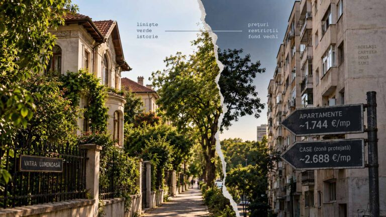 Piața imobiliară din Vatra Luminoasă, Sectorul 2 București, în 2026: preț cerut de circa 1.744 de euro pe metru pătrat, sub referința de 1.924 de euro pe metru pătrat a sectorului, într-un cartier cu parcelare interbelică protejată și blocuri de cărămidă din anii 1960