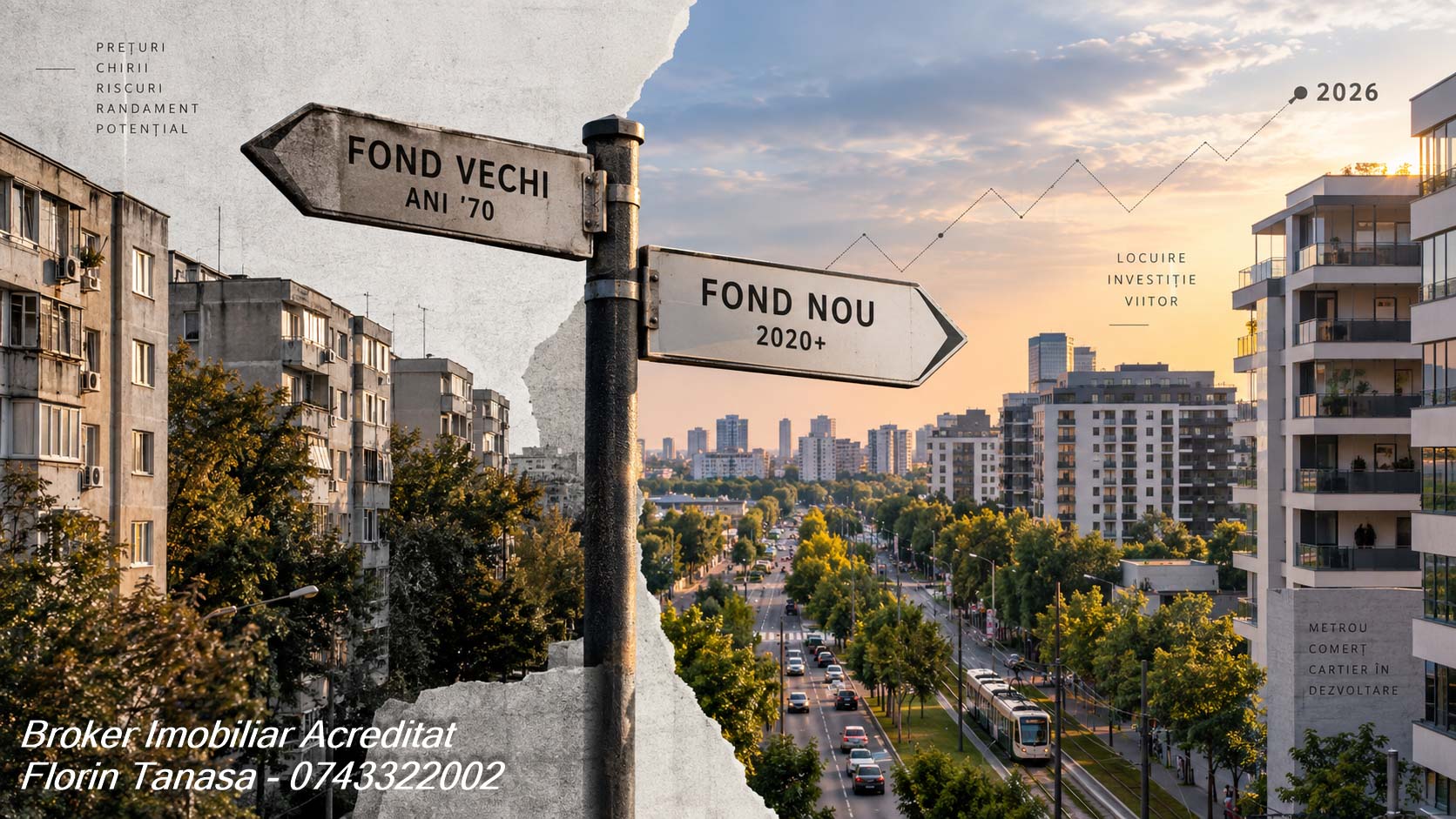 Indicator cu două brațe pe Theodor Pallady: Fond vechi, anii '70, spre blocurile în alb-negru din stânga, și Fond nou, 2020+, spre ansamblurile luminate din dreapta, cu bulevardul și tramvaiul la mijloc și un grafic care urcă spre 2026