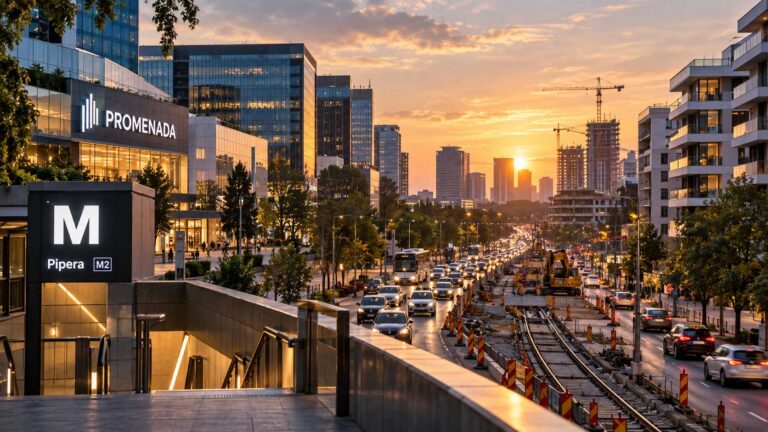 Zona Bulevardului Dimitrie Pompeiu din Sectorul 2 al Bucureștiului, pe fosta platformă industrială Pipera, cu clădiri de birouri clasa A și ansambluri rezidențiale noi, între Barbu Văcărescu și Petricani, lângă metroul Pipera și Aurel Vlaicu pe M2 și Promenada Mall, la circa 1.900-2.500 de euro pe metru pătrat cerut.