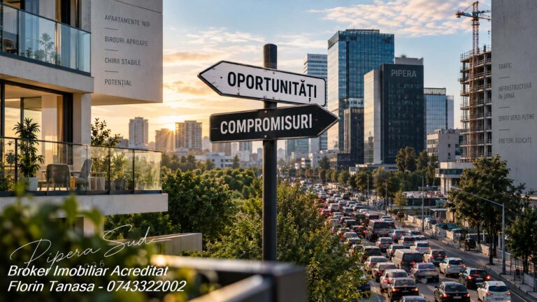Indicator cu două brațe, Oportunități și Compromisuri, în Pipera Sud: în stânga balconul unui apartament nou, în dreapta clădirile de birouri Pipera, o macara de șantier și bulevardul blocat de trafic la apus