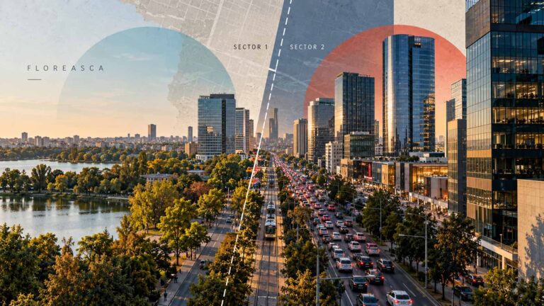 Zona Bulevardului Barbu Văcărescu din Floreasca, la limita dintre Sectoarele 1 și 2 ale Bucureștiului, între Șoseaua Ștefan cel Mare și Șoseaua Pipera, cu turnuri de birouri precum Sky Tower și Globalworth Tower, ansambluri rezidențiale noi și metroul Aurel Vlaicu pe M2 la circa 5 minute.