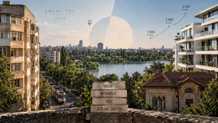 Prețurile cerute pentru apartamentele din Lacul Tei, Sectorul 2 al Bucureștiului, în 2026, cu 1.850–2.150 de euro pe metru pătrat la fondul vechi și 2.800–3.500 de euro pe metru pătrat la ansamblurile noi de pe malul lacului.