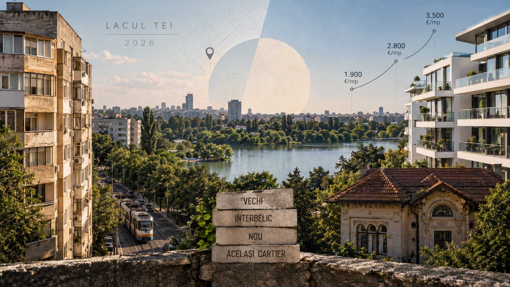 Prețurile cerute pentru apartamentele din Lacul Tei, Sectorul 2 al Bucureștiului, în 2026, cu 1.850–2.150 de euro pe metru pătrat la fondul vechi și 2.800–3.500 de euro pe metru pătrat la ansamblurile noi de pe malul lacului.