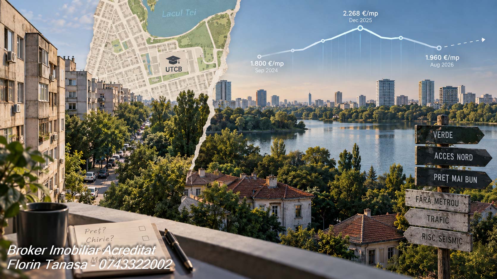 Panoramă cu Lacul Tei și harta zonei UTCB, cu un grafic al prețului cerut de la 1.800 €/mp în septembrie 2024, la 2.268 în decembrie 2025 și 1.960 în august 2026, plus indicatoare cu verde, acces nord și preț mai bun de o parte și fără metrou, trafic și risc seismic de cealaltă