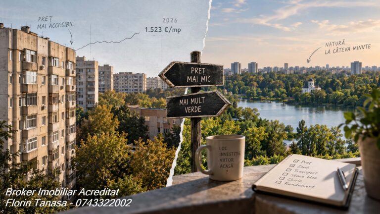 Zona Cremeniță din Colentina: în stânga blocuri vechi cu eticheta preț mai accesibil și un grafic care urcă spre 1.523 €/mp în 2026, în dreapta lacul Colentina cu vegetație, plus indicatoare de lemn cu Preț mai mic și Mai mult verde