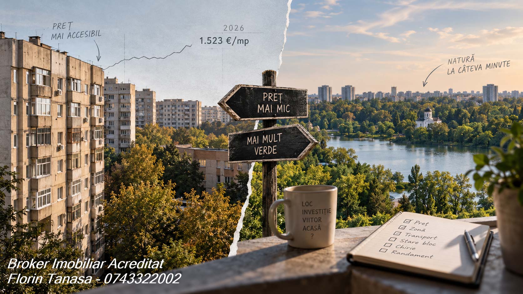 Zona Cremenița din Colentina: în stânga blocuri vechi cu eticheta preț mai accesibil și un grafic care urcă spre 1.523 €/mp, media Colentinei în 2026, în dreapta lacul Colentina cu vegetație, plus indicatoare de lemn cu Preț mai mic și Mai mult verde