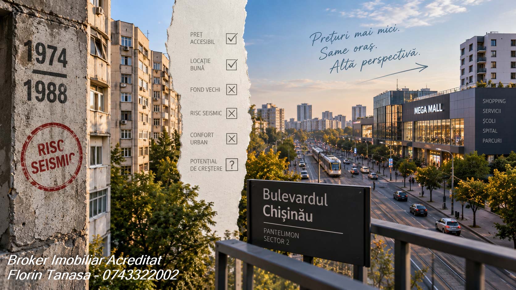 Bulevardul Chișinău din Pantelimon, Sectorul 2: în stânga un bloc din 1974-1988 cu ștampila Risc seismic și o listă de bife pentru preț accesibil și locație bună, în dreapta bulevardul cu tramvai, Mega Mall și blocuri noi