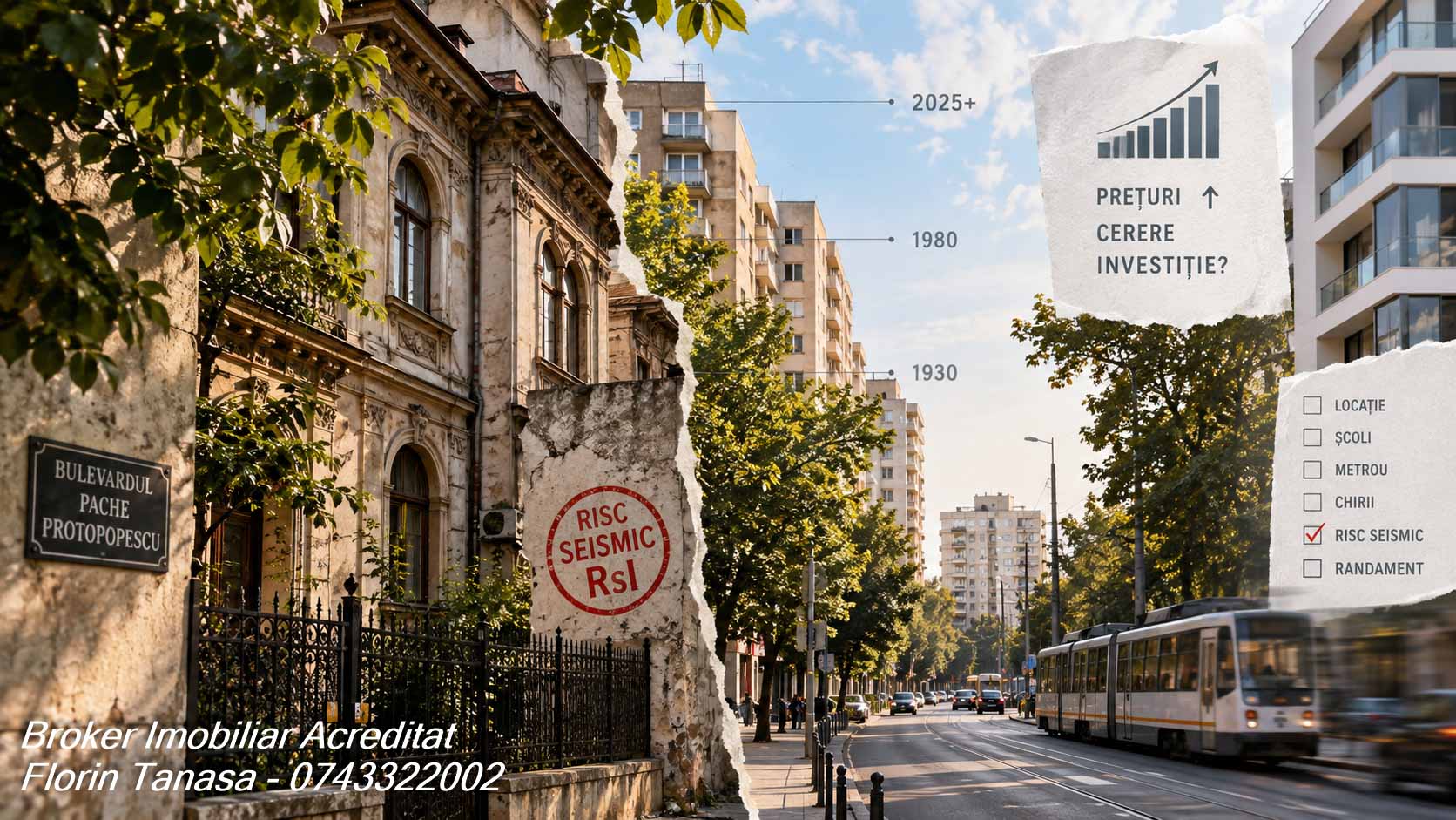 Bulevardul Pache Protopopescu, cu plăcuța de stradă și o casă de epocă marcată cu ștampila roșie de risc seismic, alături de clădiri etichetate 1930, 1980 și 2025+, tramvaiul pe bulevard și un card cu prețuri și cerere în creștere