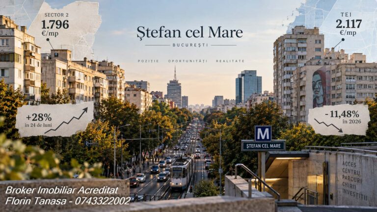 Bulevardul Ștefan cel Mare cu tramvaiul și stația de metrou, între blocuri, cu prețul de 1.796 €/mp pentru Sectorul 2 și 2.117 €/mp pentru Tei, plus două adnotări: creștere de 28% în 24 de luni și scădere de 11,48% în 2026