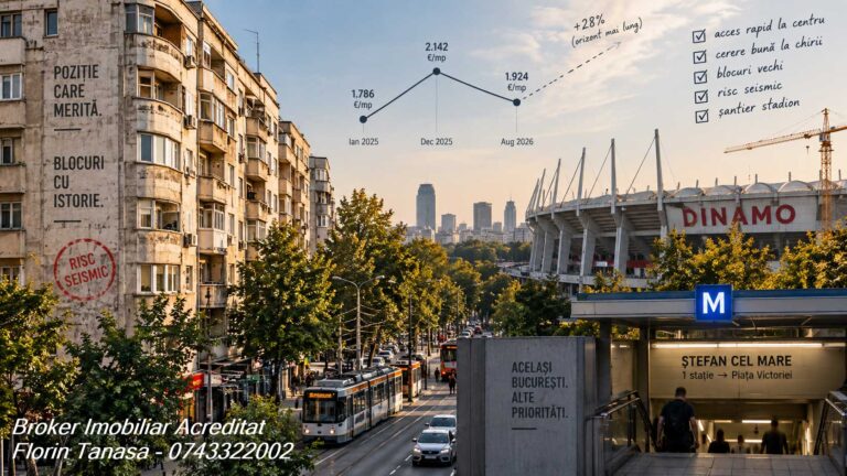 Zona Dinamo din București: bloc vechi cu ștampila Risc seismic și textul Poziție care merită, tramvaiul pe bulevard, stadionul Dinamo în șantier și stația de metrou Ștefan cel Mare, la o stație de Piața Victoriei, cu un grafic de la 1.786 €/mp în ianuarie 2025, la 2.142 în decembrie 2025 și 1.924 în august 2026