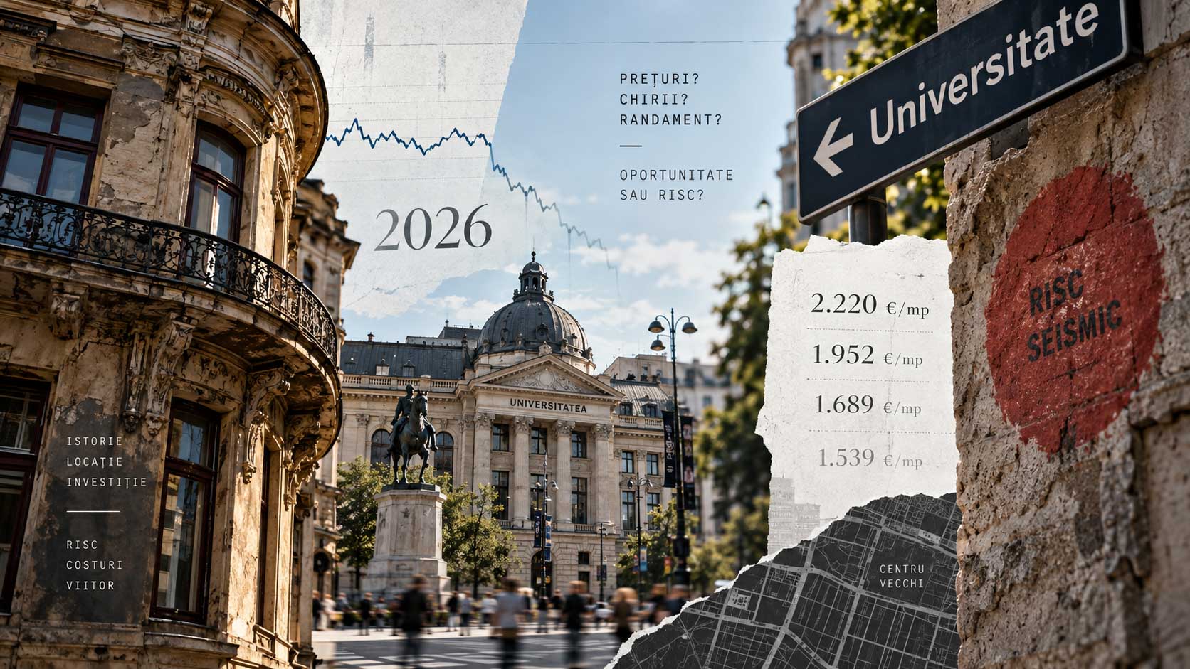 Piața apartamentelor din zona Universitate, Sectorul 3 al Bucureștiului, în 2026, cu un preț cerut de circa 1.952 de euro pe metru pătrat în Centrul Vechi, peste media sectorului de 1.689 de euro pe metru pătrat, într-un fond locativ interbelic și din anii 1980.