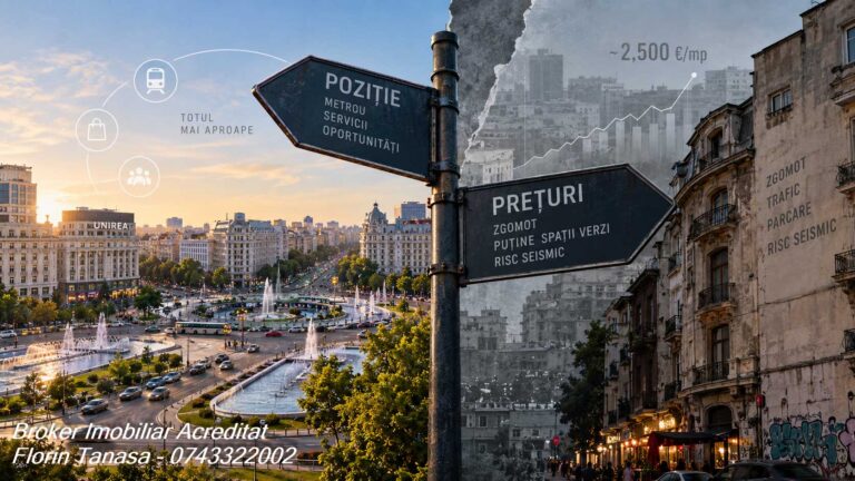 Piața Unirii cu fântânile arteziene și magazinul Unirea la apus, cu un indicator cu două brațe: Poziție, spre metrou, servicii și oportunități, și Prețuri, spre zgomot, spații verzi puține și risc seismic, plus un grafic care urcă spre circa 2.500 €/mp
