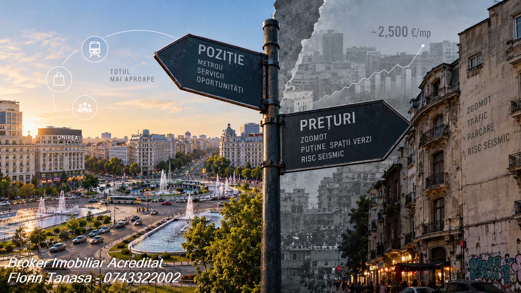 Piața Unirii cu fântânile arteziene și magazinul Unirea la apus, cu un indicator cu două brațe: Poziție, spre metrou, servicii și oportunități, și Prețuri, spre zgomot, spații verzi puține și risc seismic, plus un grafic care urcă spre circa 2.500 €/mp