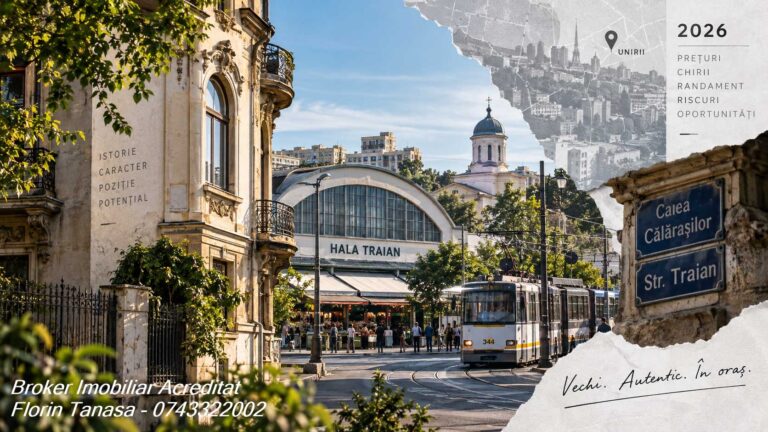 Hala Traian cu tramvaiul trecând prin fața ei, o clădire de epocă în stânga și plăcuțele de stradă Calea Călărașilor și Str. Traian, lângă un panou cu reperele pieței în 2026: prețuri, chirii, randament, riscuri și oportunități