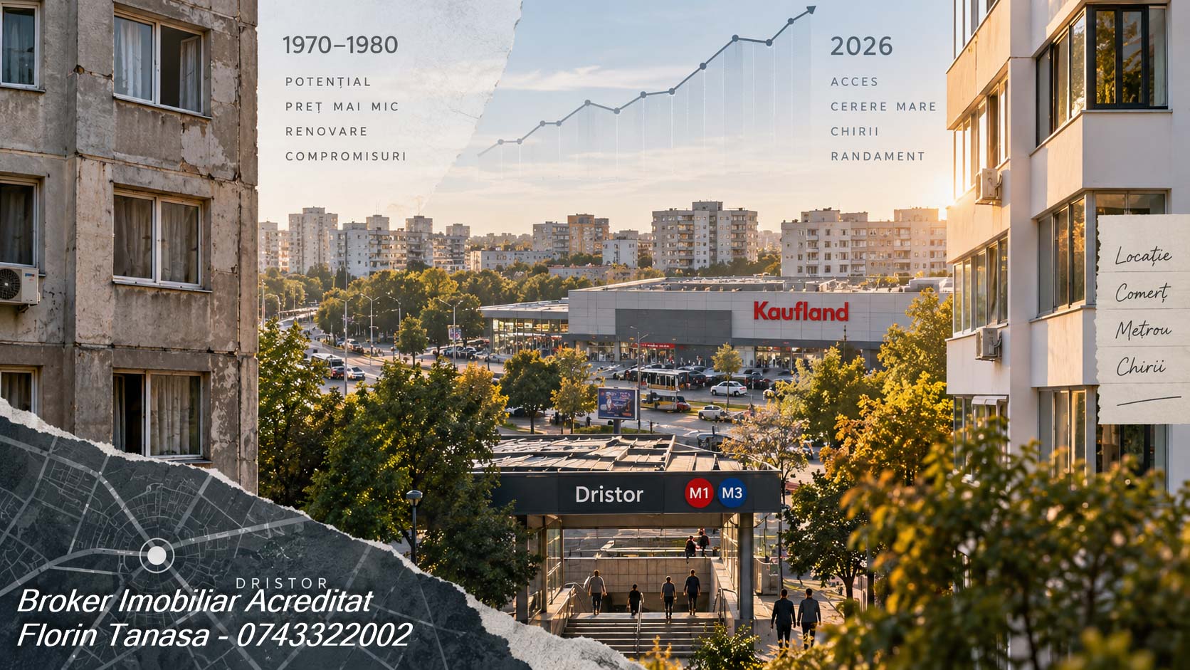 Zona Kaufland Dristor: în stânga un bloc din 1970-1980, în dreapta unul renovat, iar la mijloc magazinul Kaufland și intrarea în stația de metrou Dristor cu liniile M1 și M3, peste un grafic de prețuri în creștere