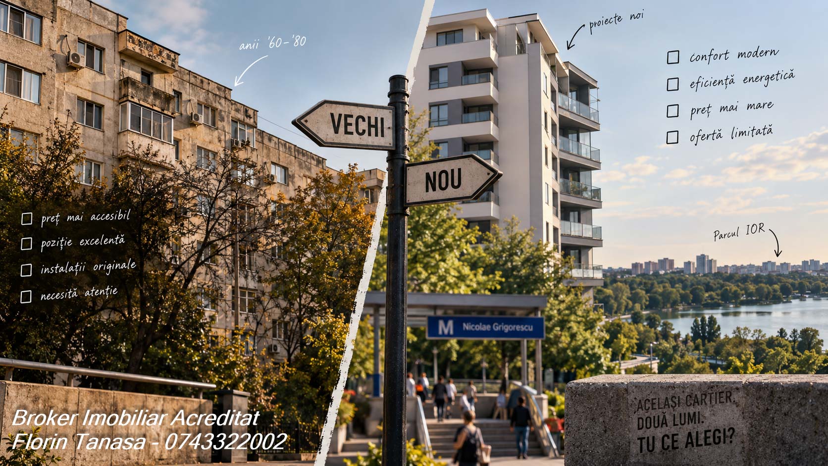 Indicator cu două brațe, Vechi și Nou, în zona Fizicienilor din Titan: în stânga un bloc din anii '60-'80, în dreapta un imobil nou, cu stația de metrou Nicolae Grigorescu și lacul din Parcul IOR în fundal