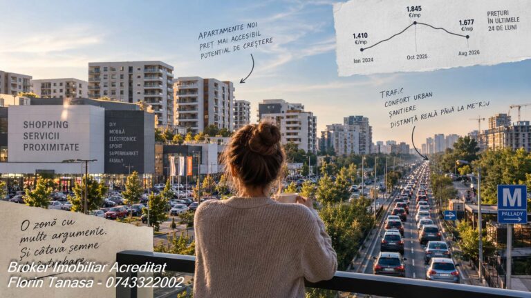Femeie pe un balcon privind zona Cora Pallady: ansambluri noi, centrul comercial și bulevardul cu trafic spre stația de metrou Pallady, alături de un grafic cu prețul cerut de la 1.410 €/mp în ianuarie 2024, la 1.845 în octombrie 2025 și 1.677 în august 2026