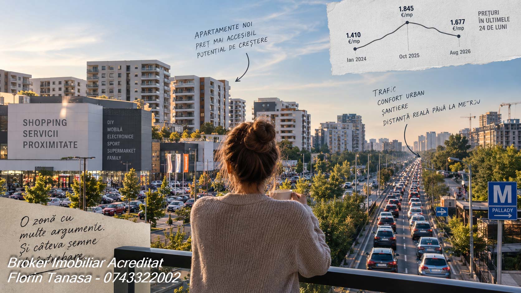 Femeie pe un balcon privind zona Cora Pallady: ansambluri noi, centrul comercial și bulevardul cu trafic spre stația de metrou Pallady, alături de un grafic cu prețul cerut de la 1.410 €/mp în ianuarie 2024, la 1.845 în octombrie 2025 și 1.677 în august 2026