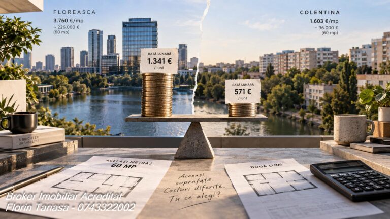 Simulare credit ipotecar pentru un apartament de 60 mp în Floreasca și în Colentina: circa 226.000 € și rată de 1.341 € pe lună, față de circa 96.000 € și 571 € pe lună
