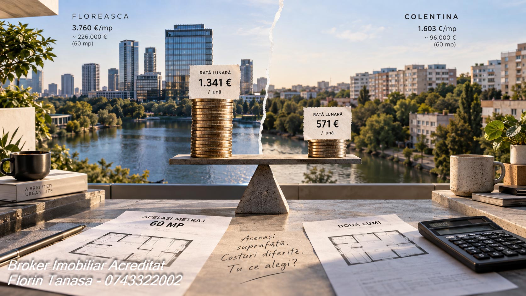 Simulare credit ipotecar pentru un apartament de 60 mp în Floreasca și în Colentina: circa 226.000 € și rată de 1.341 € pe lună, față de circa 96.000 € și 571 € pe lună