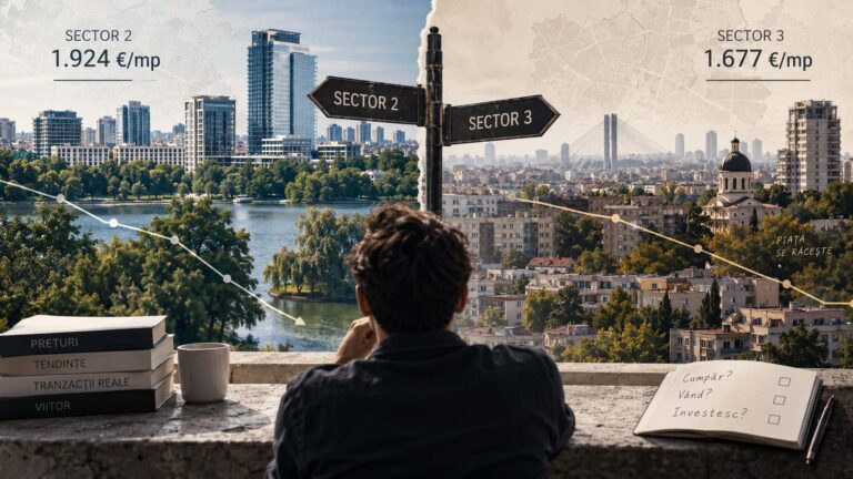 Barometrul imobiliar Sectorul 2 vs Sectorul 3, septembrie 2026, cu un preț cerut mediu de 1.924 de euro pe metru pătrat în Sectorul 2 și 1.677 de euro pe metru pătrat în Sectorul 3, față de media orașului de 1.694 de euro pe metru pătrat.
