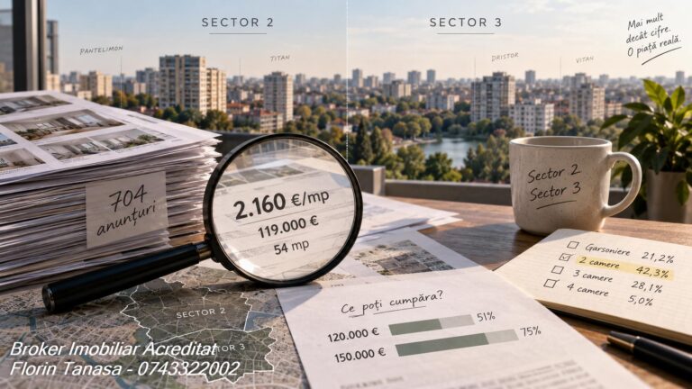 Radiografia anunțurilor publicate direct de proprietari în Sectoarele 2 și 3 ale Bucureștiului, cu prețul median cerut de 119.000 de euro și 2.160 de euro pe metru pătrat