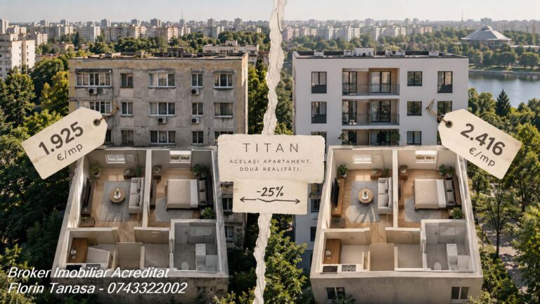 Dispersia prețului cerut la apartamentele de 2 camere din Titan, de la 1.925 la 2.416 euro pe metru pătrat, cu o mediană de 2.127