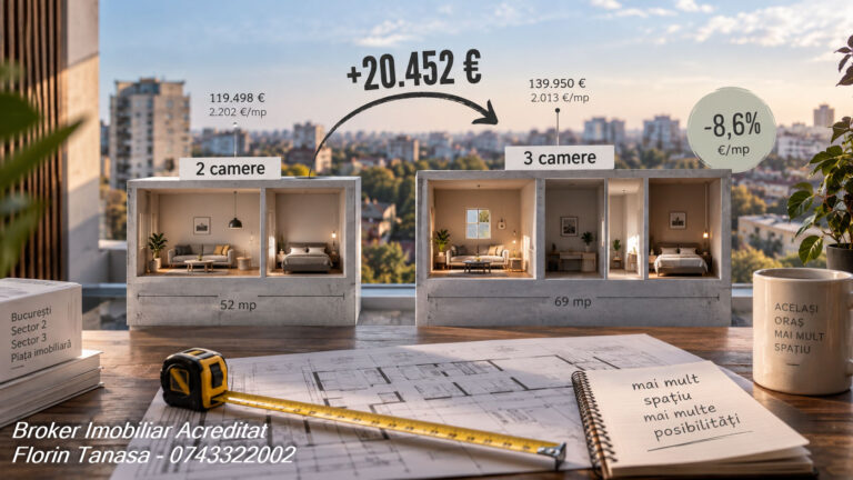 Diferența dintre prețul median cerut la trei camere, 139.950 de euro, și la două camere, 119.498 de euro, în Sectoarele 2 și 3