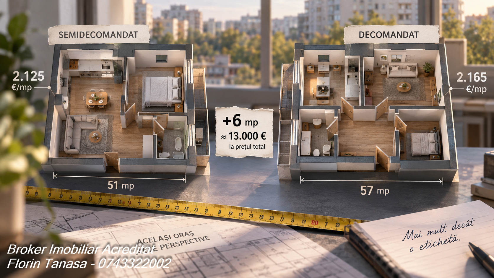 Comparație între prețul cerut la apartamentele decomandate, 2.165 de euro pe metru pătrat, și la cele semidecomandate, 2.125 de euro