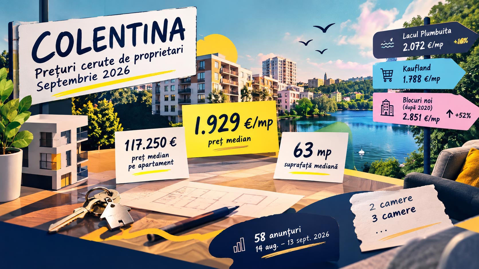 Piața imobiliară din Colentina, Sectorul 2 al Bucureștiului, unde proprietarii care vând fără agenție au cerut la mediană 1.929 de euro pe metru pătrat și 117.250 de euro pe apartament, pe o suprafață mediană de 63 de metri pătrați, între 14 august și 13 septembrie 2026.